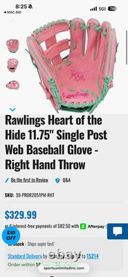 Rawlings Heart of the Hide 11.75 Single Post Web RHT Baseball Glove Pink/Green